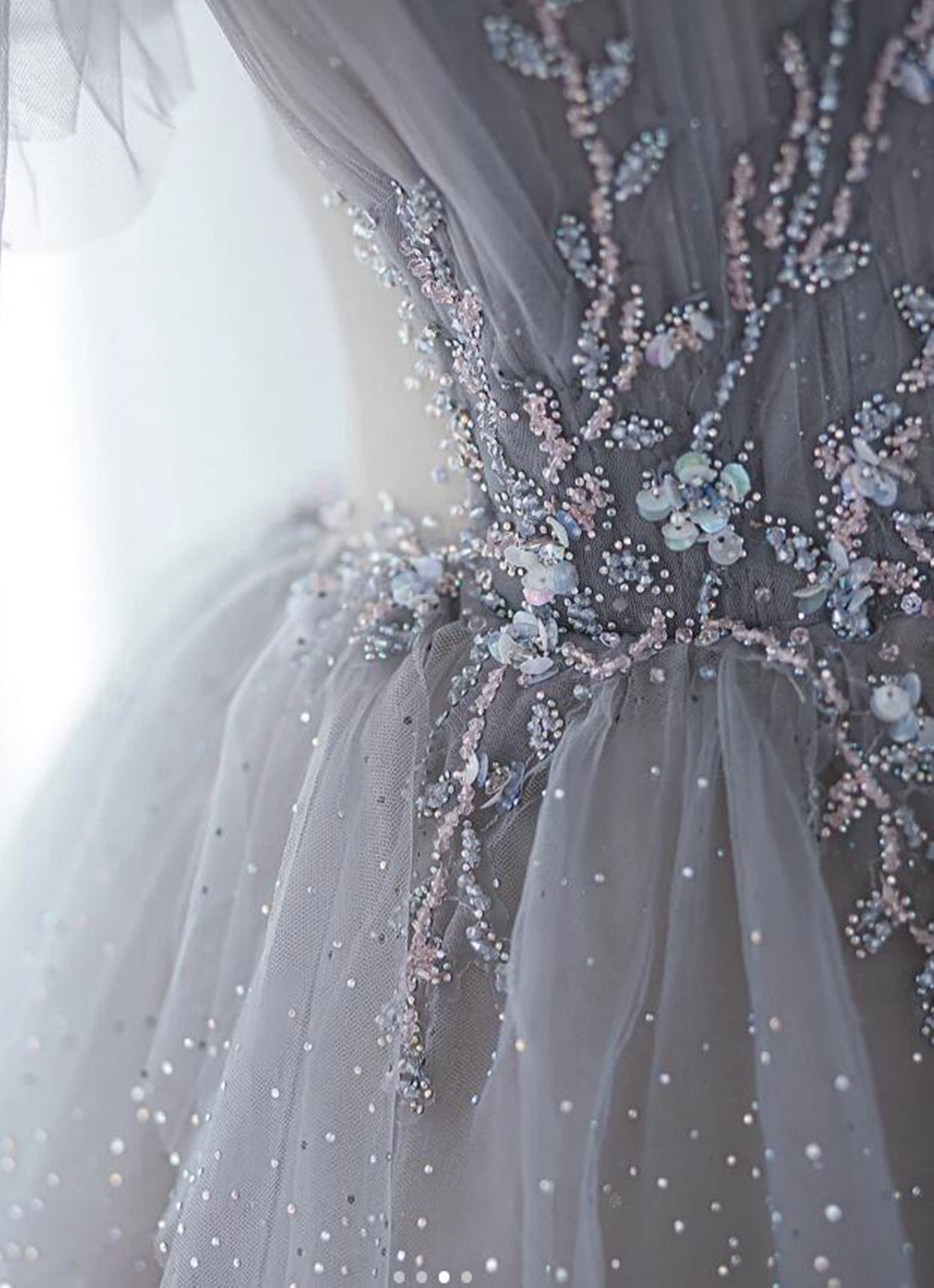 Chic Grey Beaded Layers Tulle Long Formal Dress