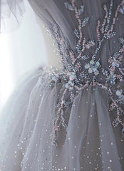 Chic Grey Beaded Layers Tulle Long Formal Dress