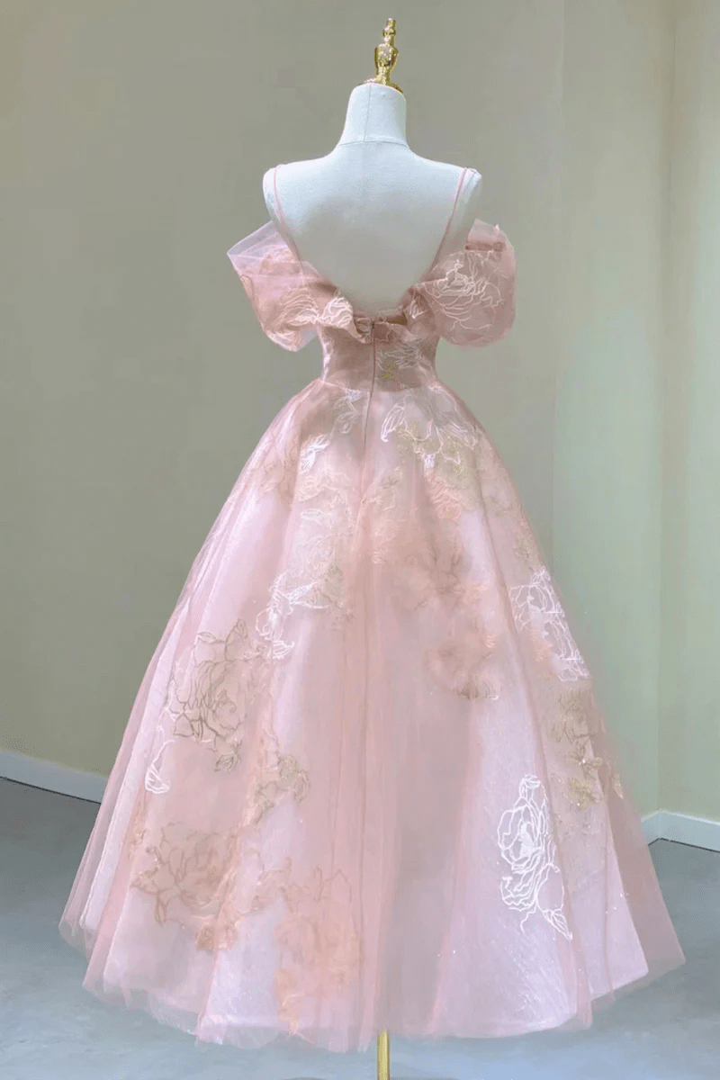 Lovely Pink Tea Length Straps Tulle Formal Dress