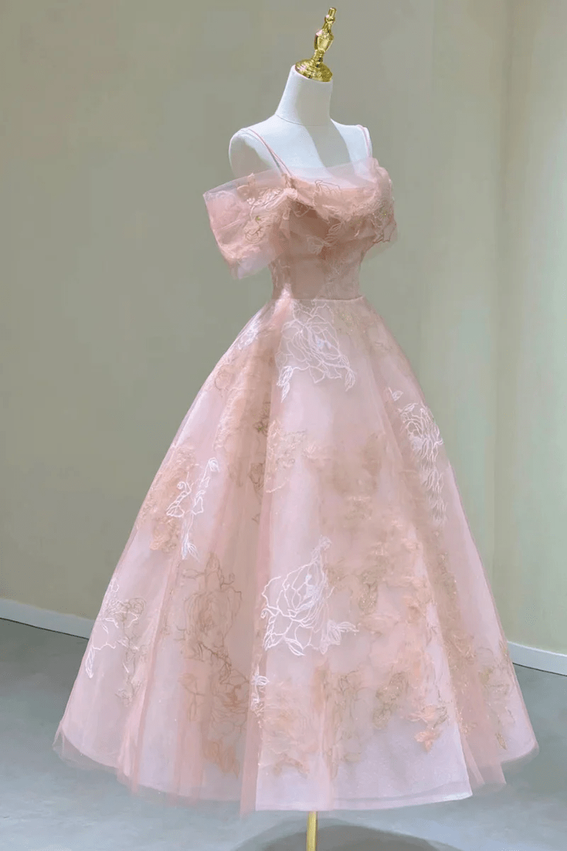 Lovely Pink Tea Length Straps Tulle Formal Dress