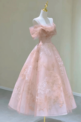 Lovely Pink Tea Length Straps Tulle Formal Dress