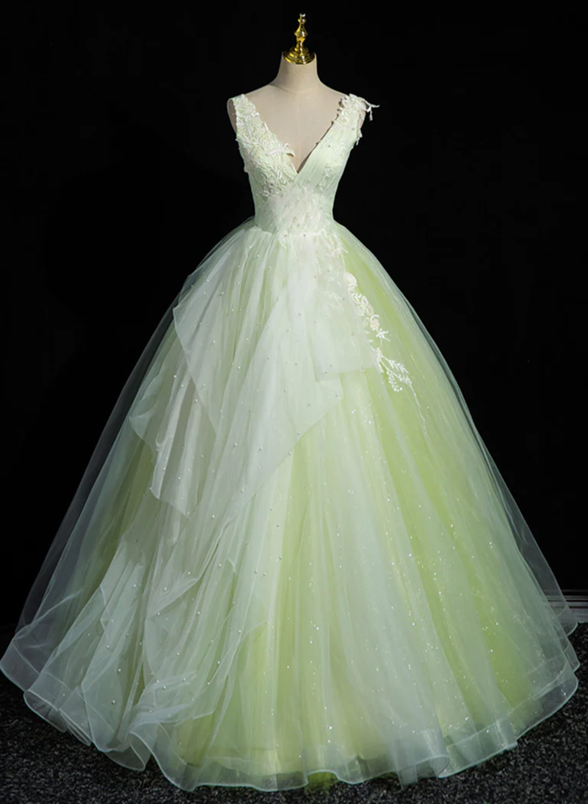 Light Green V-neckline Tulle Long Party Dress