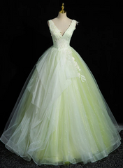Light Green V-neckline Tulle Long Party Dress