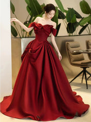 Wine Red Satin Sweetheart Off Shoulder Party Dress With Bow
