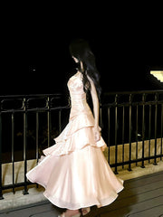 Vestido largo de fiesta de satén con tirantes de sirena rosa 