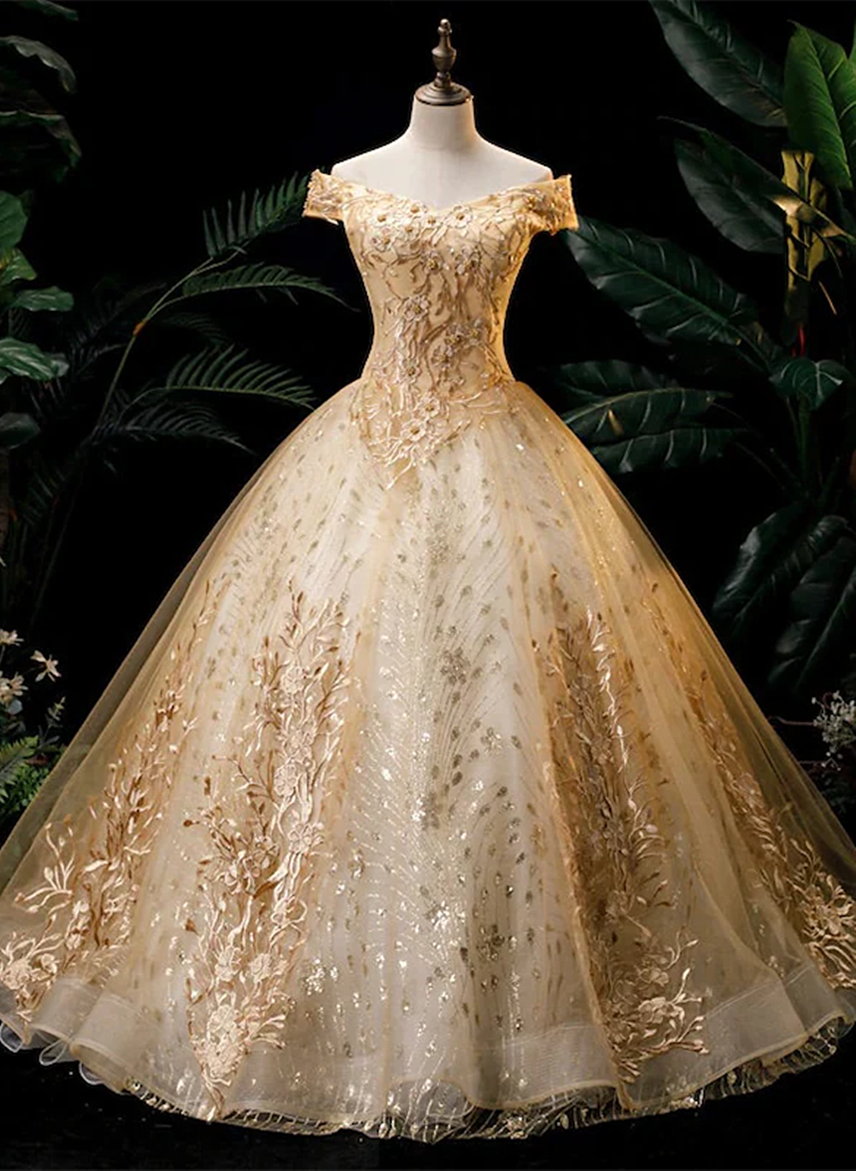 Vestido formal de tul con apliques de encaje y vestido de fiesta dorado 