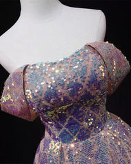 Pink Sequins Off Shoulder A-line Long Prom Dress