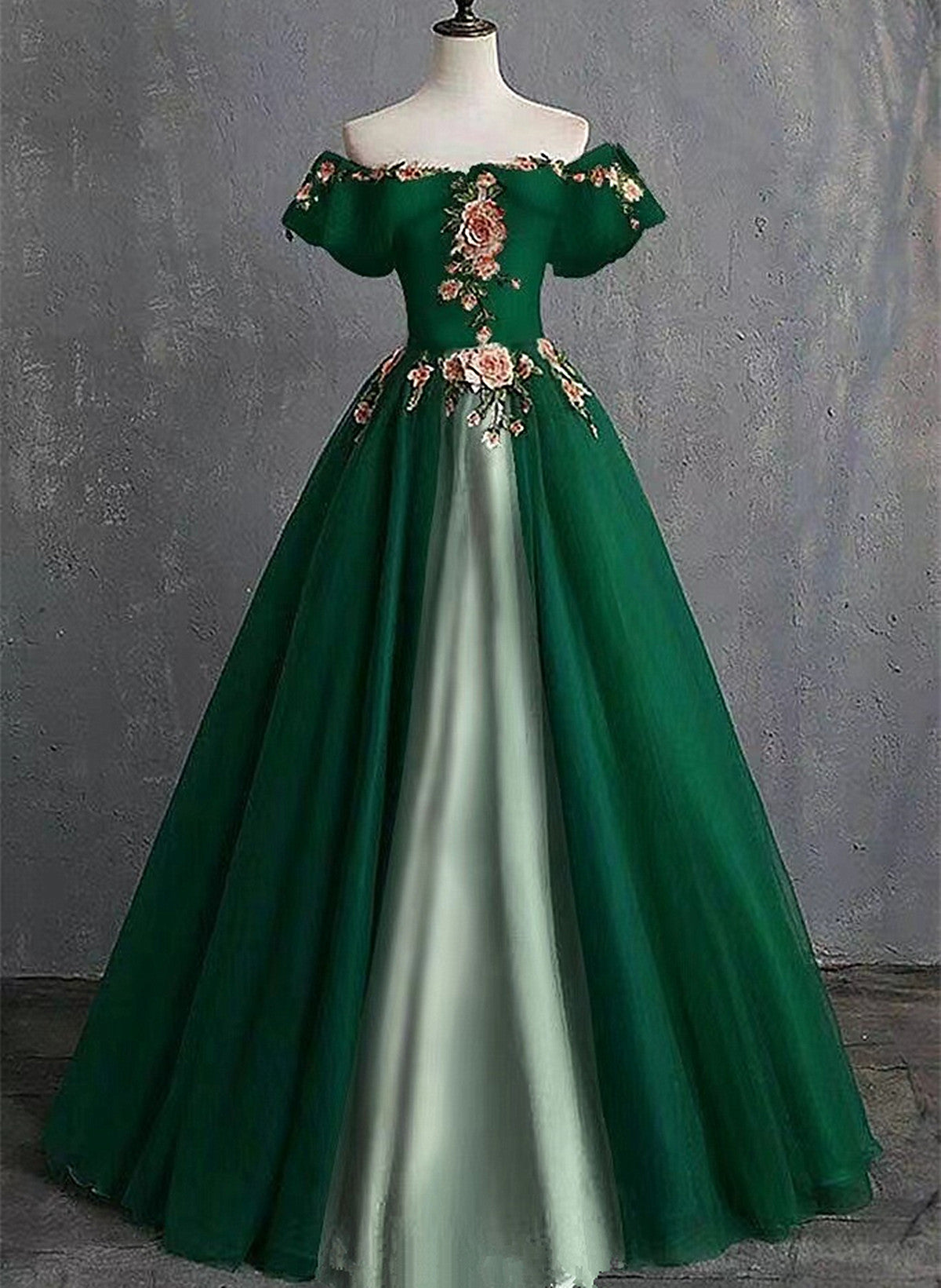 Green A-line Tulle and Satin Long Formal Dress