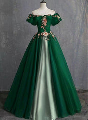 Green A-line Tulle and Satin Long Formal Dress