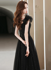Black Tulle Beaded A-line Long Prom Dress