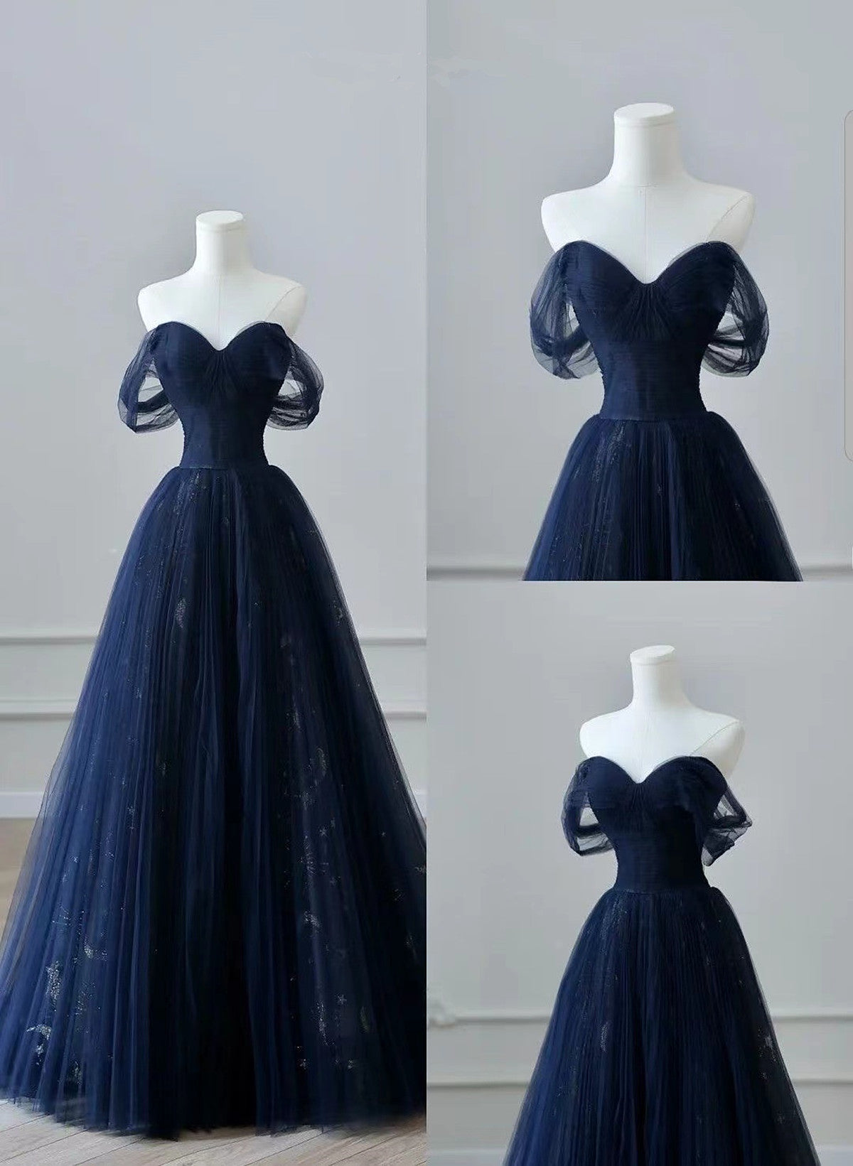 Vestido de fiesta azul marino de tul con escote en forma de corazón y hombros descubiertos 