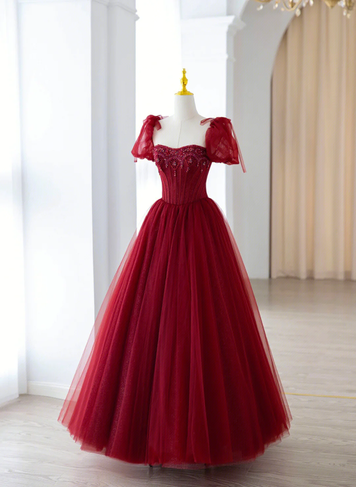 Wine Red Tulle Beaded Long Prom Dress