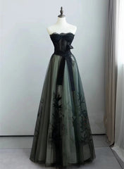 A-line Black and Green Tulle with Lace Long Prom Dress