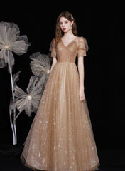 Champagne A-line V-neckline Tulle Short Sleeves Party Dress