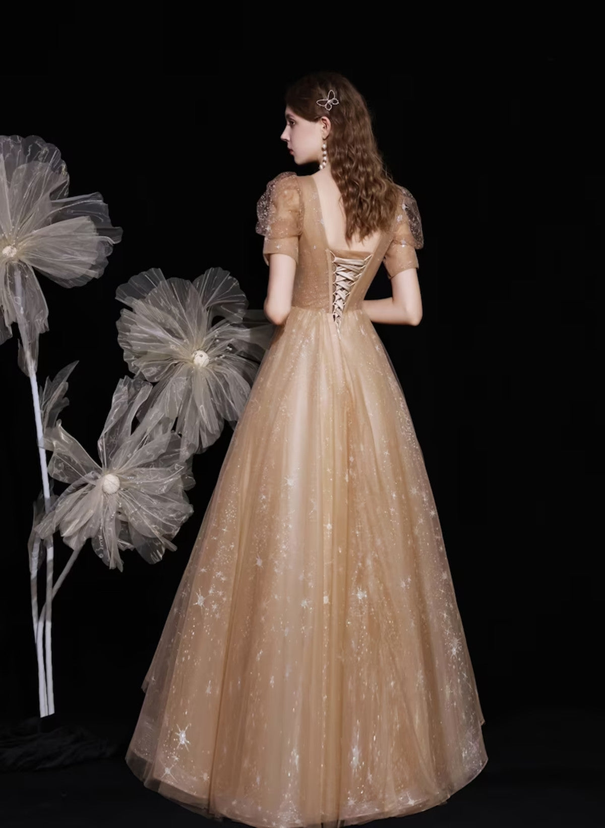 Champagne A-line V-neckline Tulle Short Sleeves Party Dress