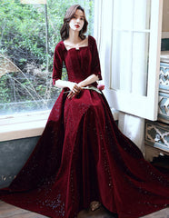 Vestido formal largo de manga corta de terciopelo rojo vino 