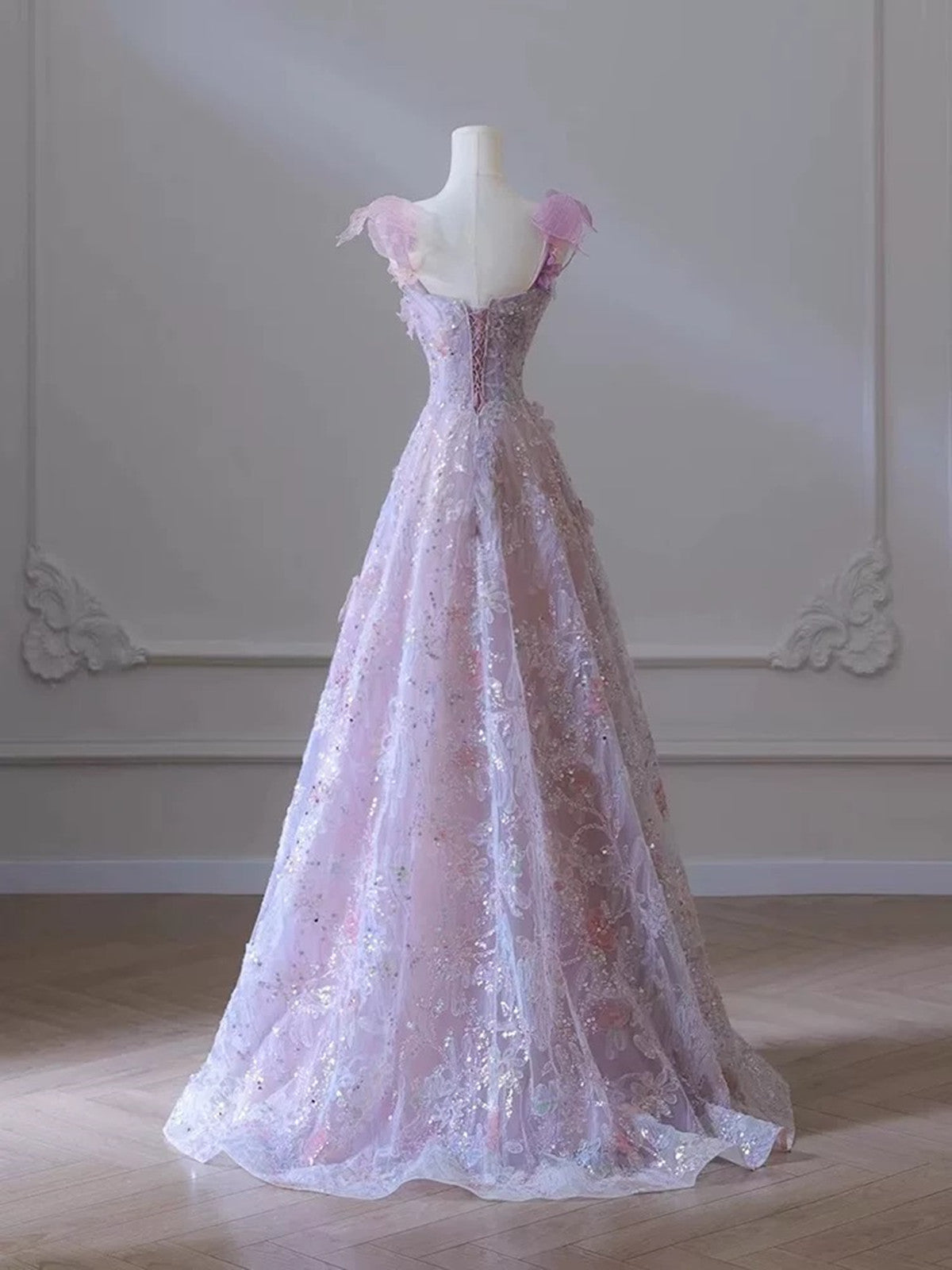 Vestido de fiesta largo con tirantes en A de tul y encaje rosa 