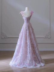 Vestido de fiesta largo con tirantes en A de tul y encaje rosa 