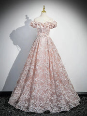 Vestido de fiesta largo de encaje rosa con hombros descubiertos y corte A 