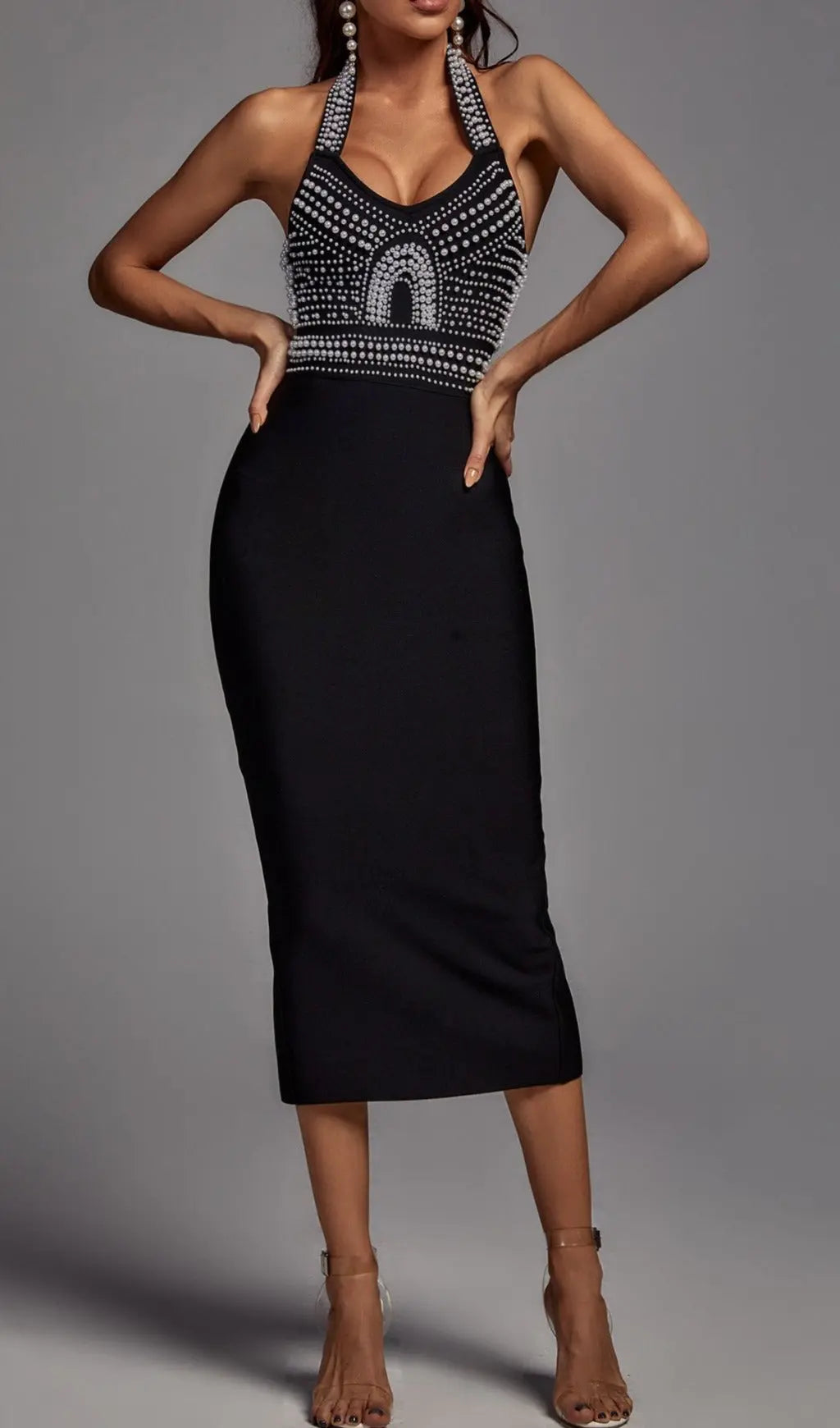 Glam Pearl Embellished Black Halter Bandage Midi Dress