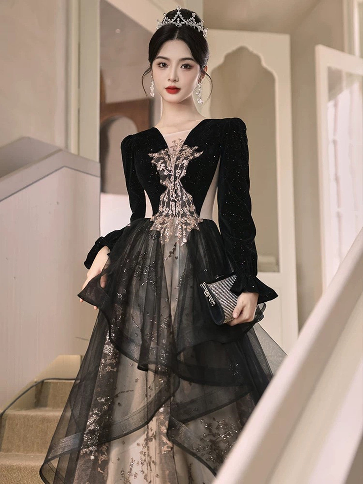 A-line Black Tulle with Lace Applique Party Dress