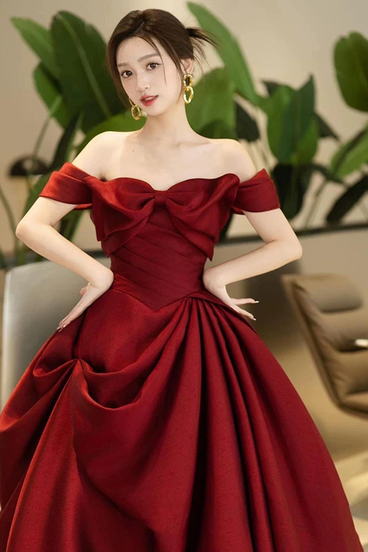 Wine Red Satin Sweetheart Off Shoulder Party Dress With Bow