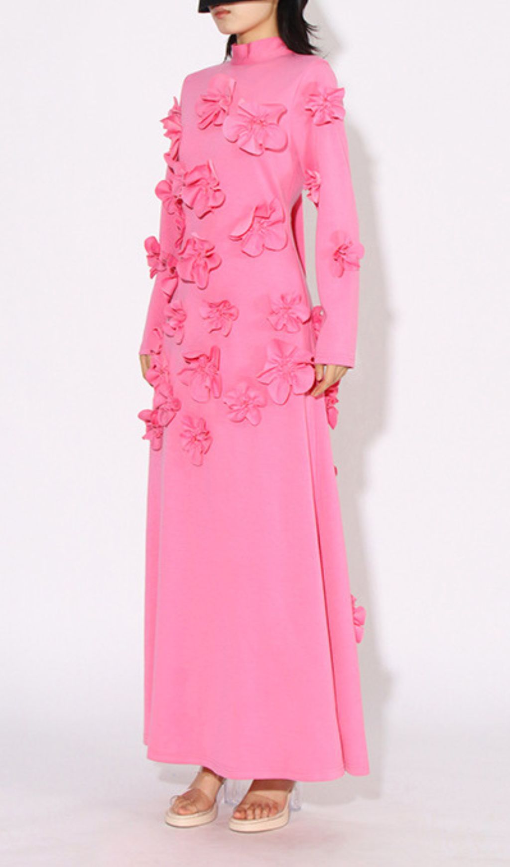 Bly Vibrant Pink 3D Floral Appliqu Long Sleeve Maxi Dress