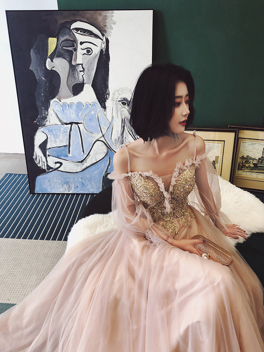 Cute Tulle with Gold Lace Straps Long Evening Dress Party Dress