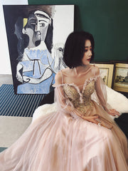 Cute Tulle with Gold Lace Straps Long Evening Dress Party Dress