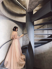Cute Tulle with Gold Lace Straps Long Evening Dress Party Dress