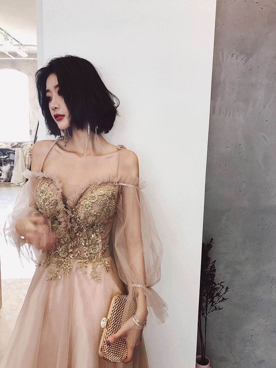 Cute Tulle with Gold Lace Straps Long Evening Dress Party Dress