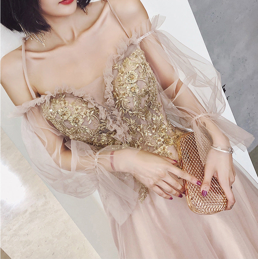 Cute Tulle with Gold Lace Straps Long Evening Dress Party Dress