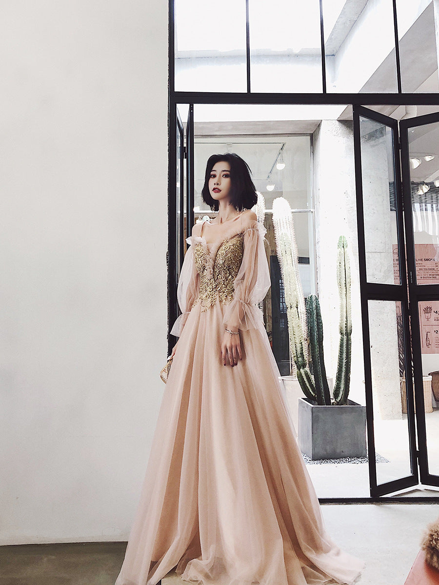 Cute Tulle with Gold Lace Straps Long Evening Dress Party Dress