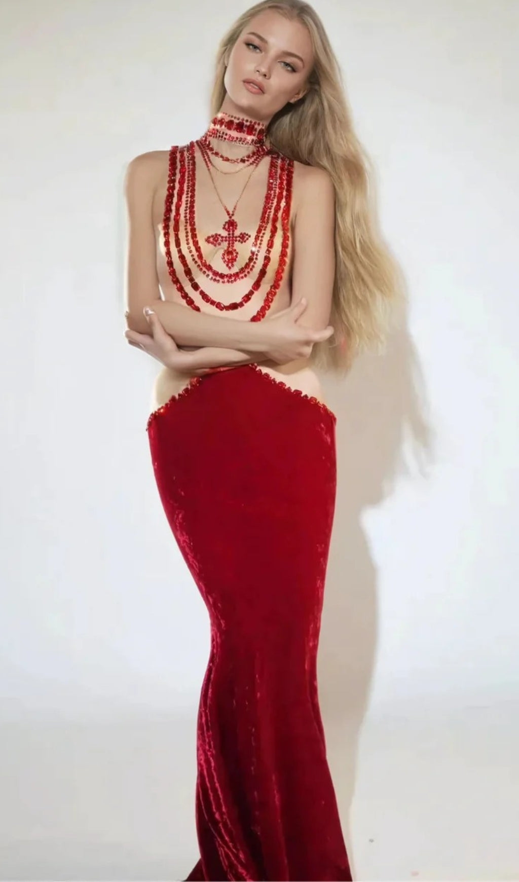 Shelyn Dazzling Red Rhinestone Velvet Mermaid Maxi Gown