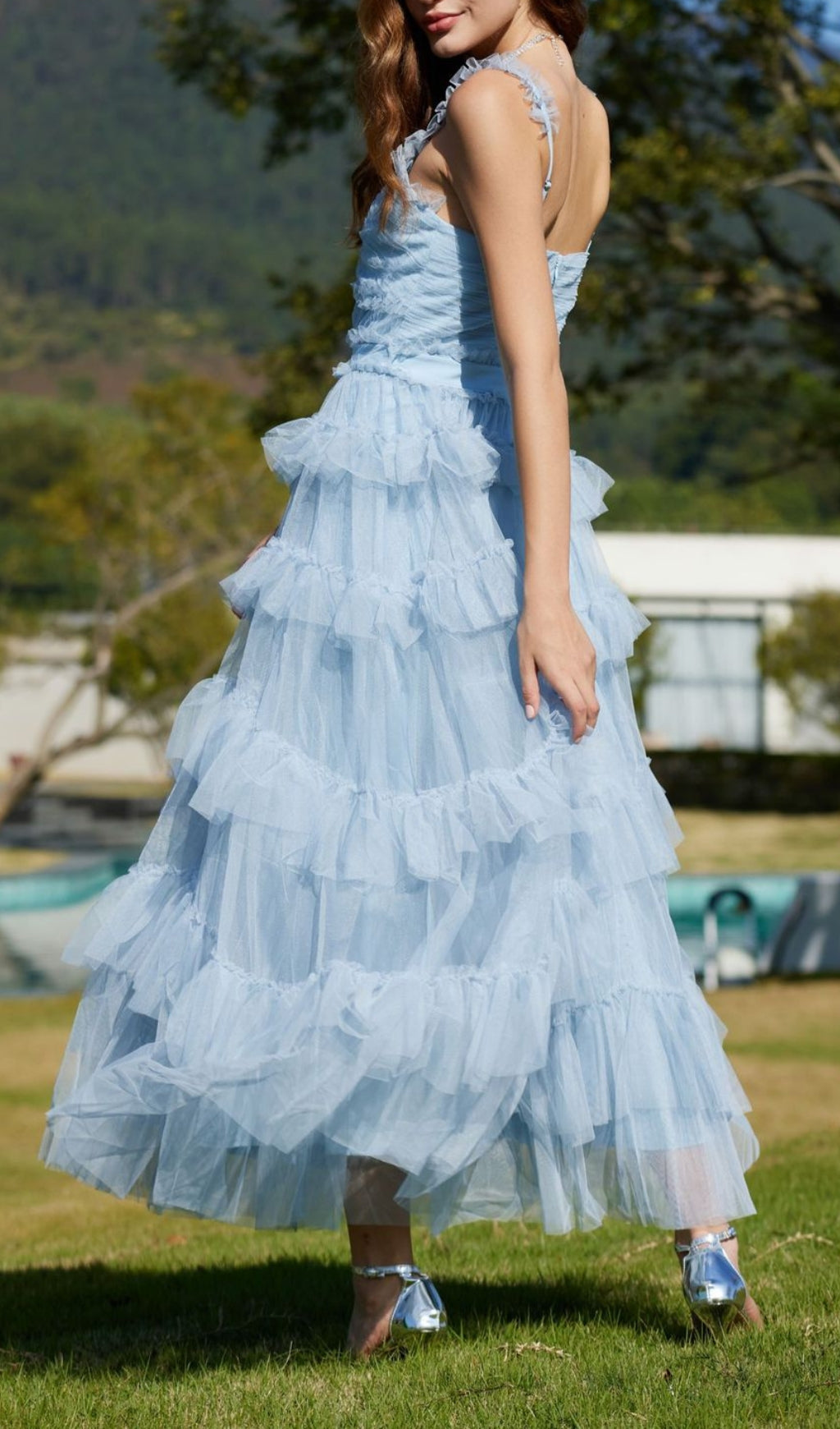 Dreamy Blue Ruffle Tiered Tulle Maxi Dress