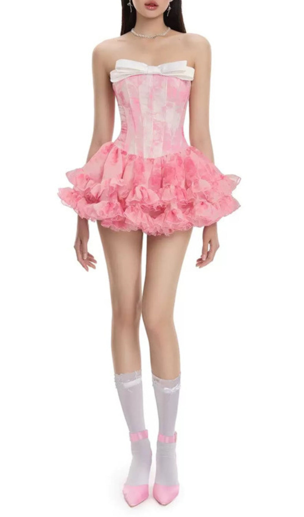 Dalya Pink Strapless Corset Ruffle Mini Dress