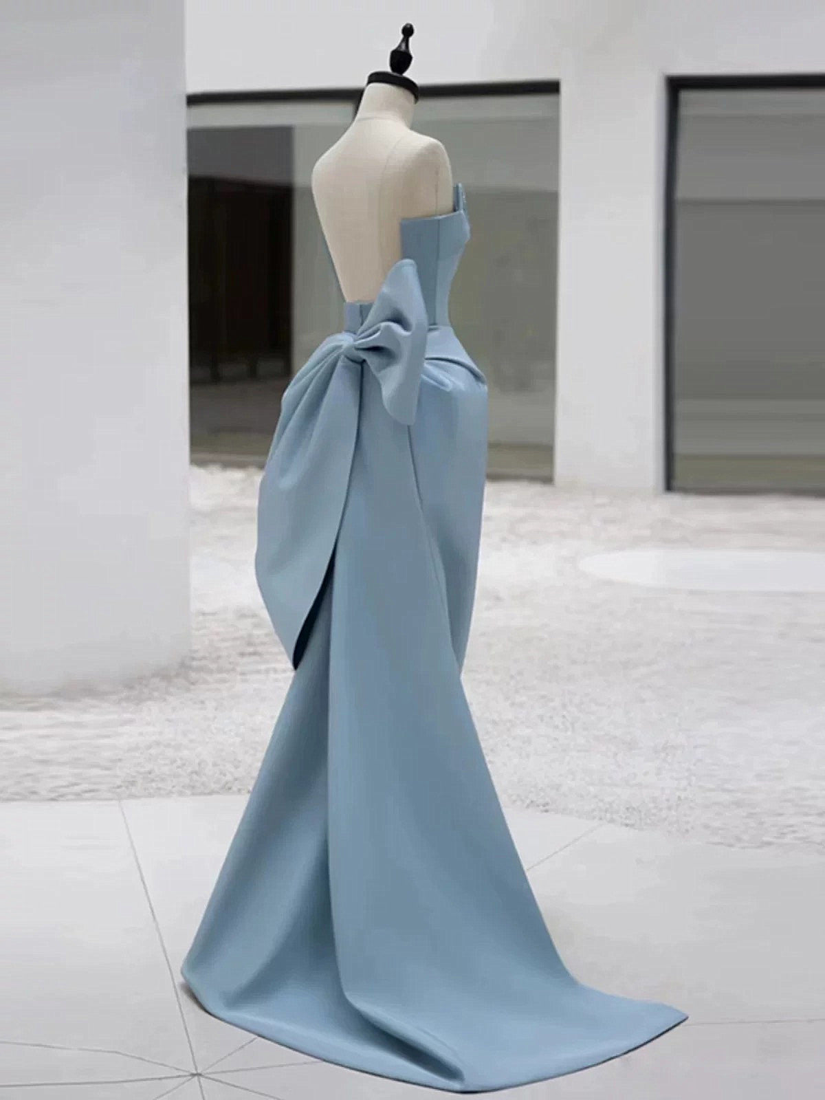 Light Blue Satin Low Back Long Party Dress with Bow