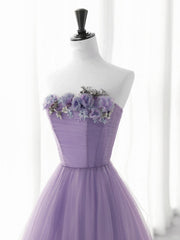 Vestido de fiesta morado claro de tul con flores en forma de A 