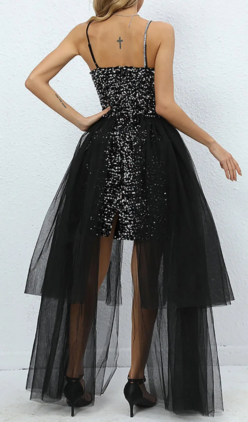 Strappy Sequin High-Low Mesh Dress