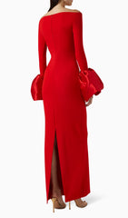 Chelsi Red Off-Shoulder Glamour Maxi Gown with Voluminous Statement Sleeves