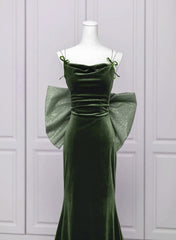 Green Velvet Straps Low Back Evening Dress