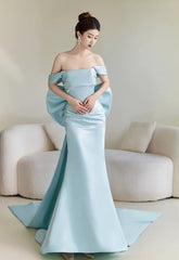 Blue Satin Off Shoulder Mermaid Long Formal Dress with Bow
