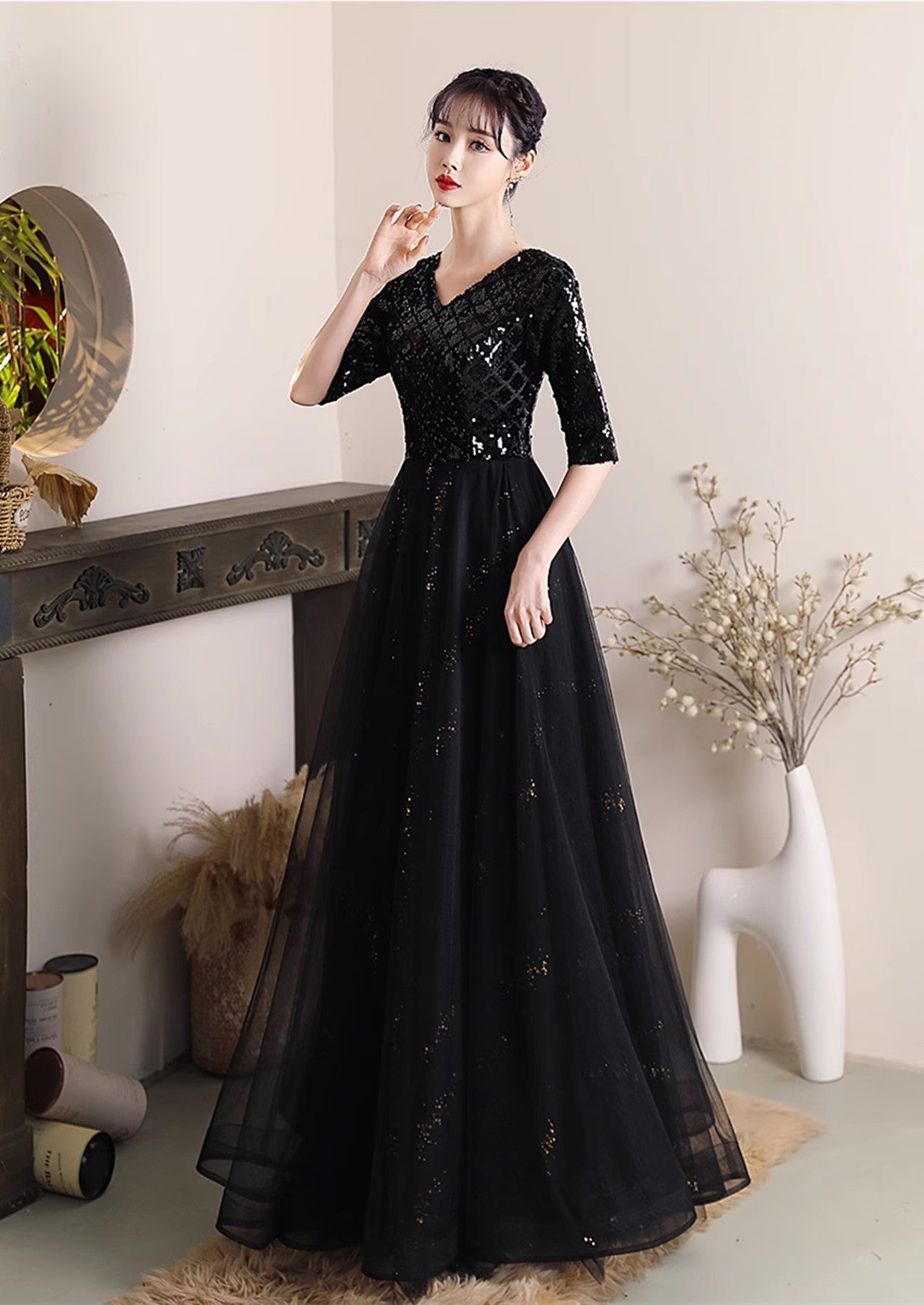 Black A-line Sequins and Tulle Long Formal Dress