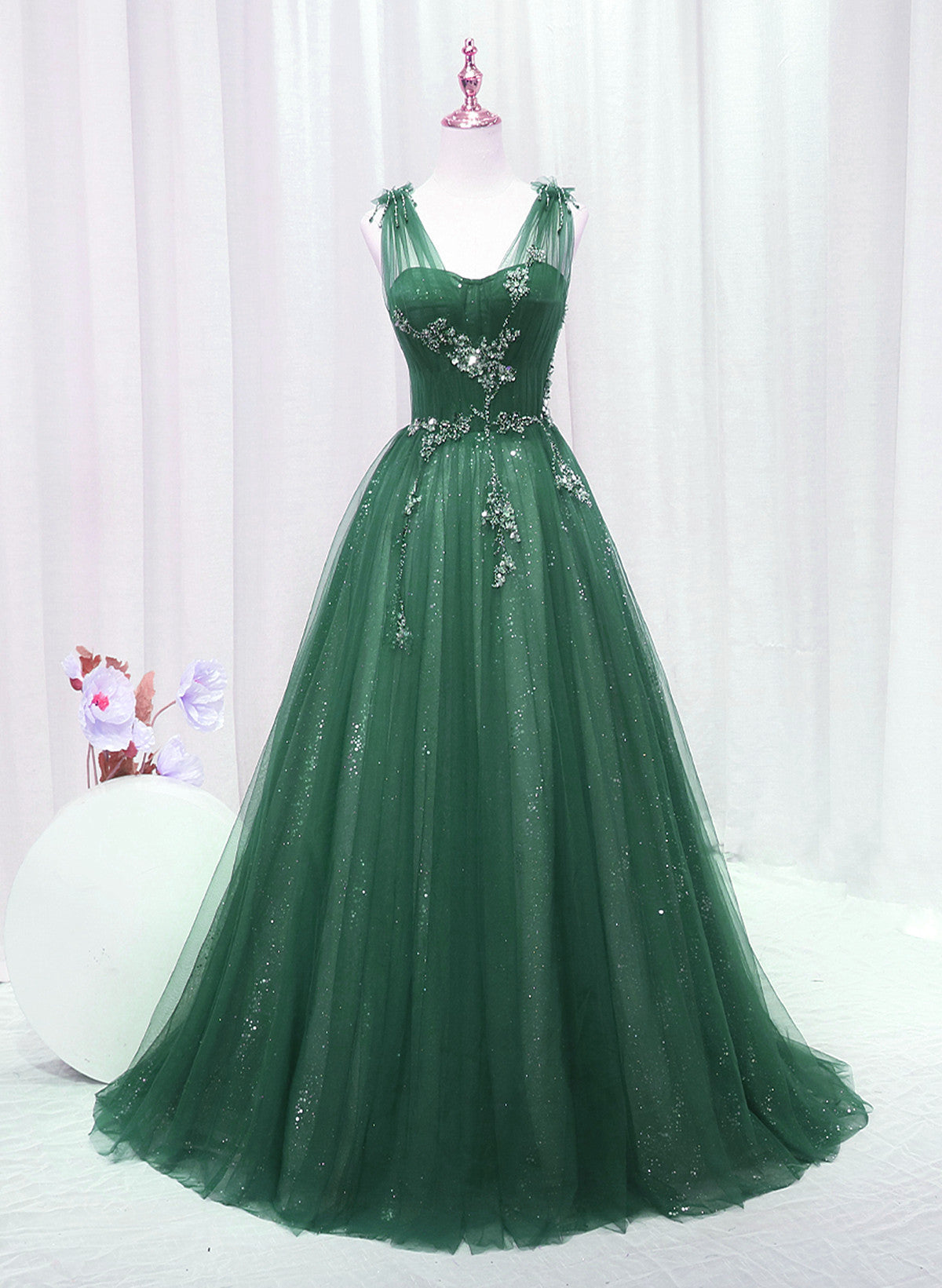 A-line Green Sweetheart Beaded Tulle Prom Dress