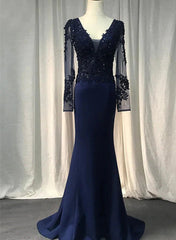 Vestido de noche de sirena con mangas largas de spandex azul marino 