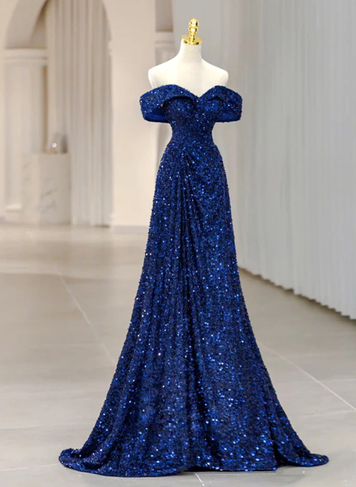 A-line Blue Sequins Off Shoulder Prom Dress
