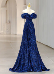 A-line Blue Sequins Off Shoulder Prom Dress