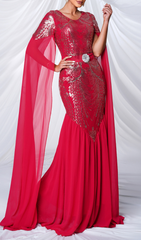 Gefjun Glamorous Red Sequin Maxi Dress with Dramatic Flowing Sleeves