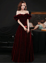 Vestido de fiesta de terciopelo rojo vino con hombros descubiertos y corte A 