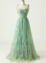 A-line Green Straps Sweetheart Floral Tulle Prom Dress